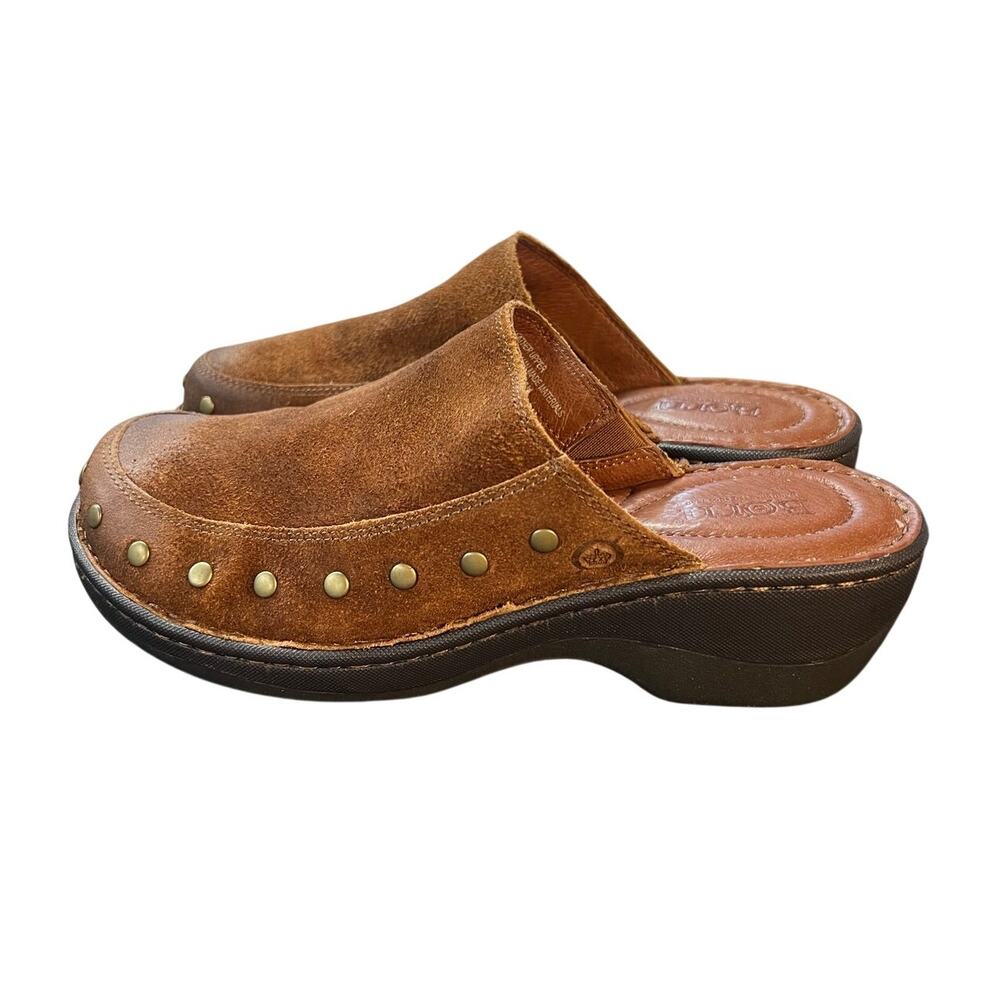 Born Brown Suede Leather Studded Clog Mules Women’s 7 Boho 90s Chunky Shoes